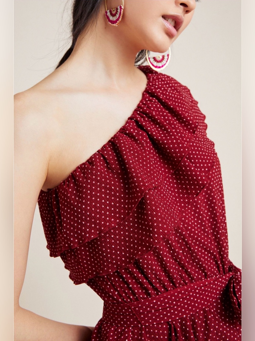 Maeve Anthropologie Rita One Shoulder Ruffle Tie Waist Top Small Wine Dot - Picture 3 of 8